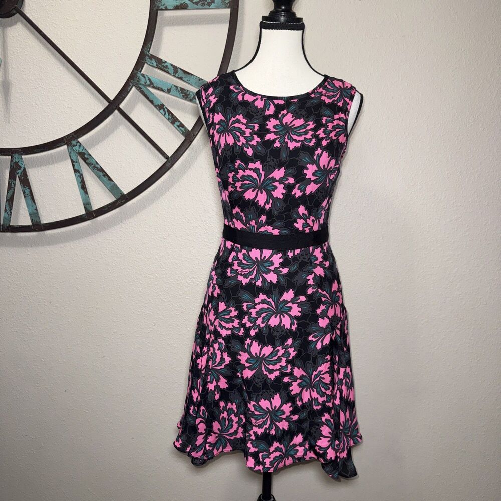 Milly Dress 0 Designer Black & Pink Floral Fit & Flare EUC